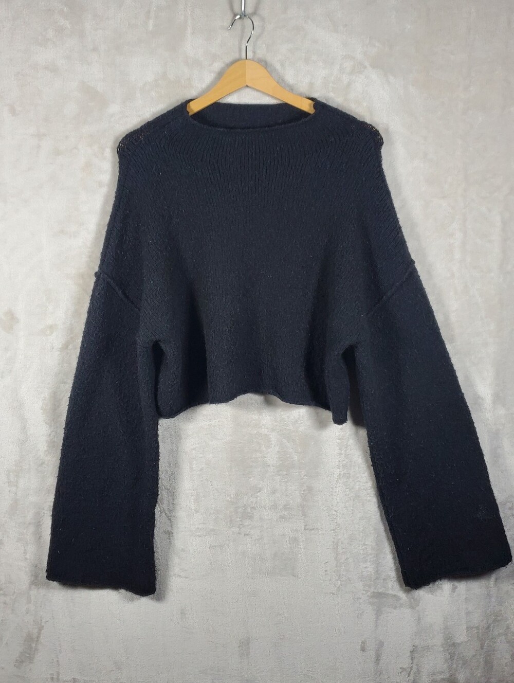 Free People Womens S/P Black Cropped Boat Neck Sweater Bell Sleeve BOHO Romantic
